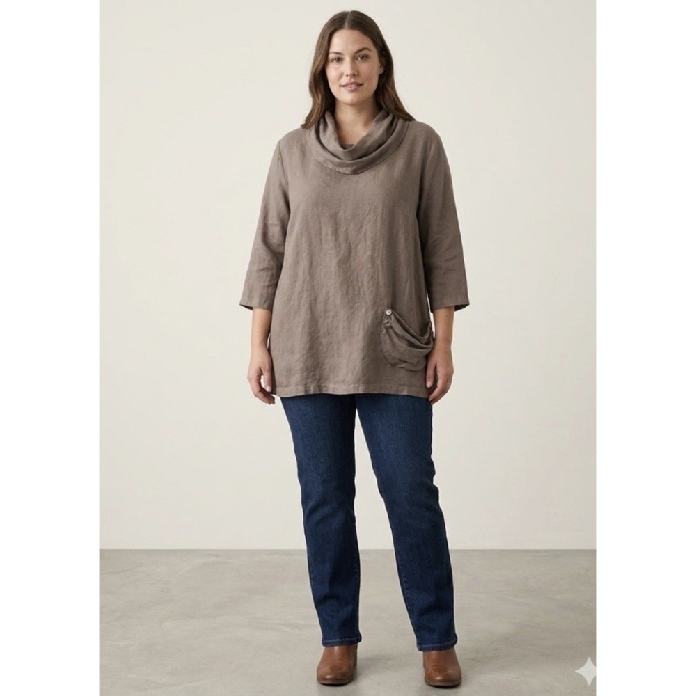 Radish 100% Linen Cowl Neck Tunic. Size XL. Earthy Light Brown. Front Pocket.